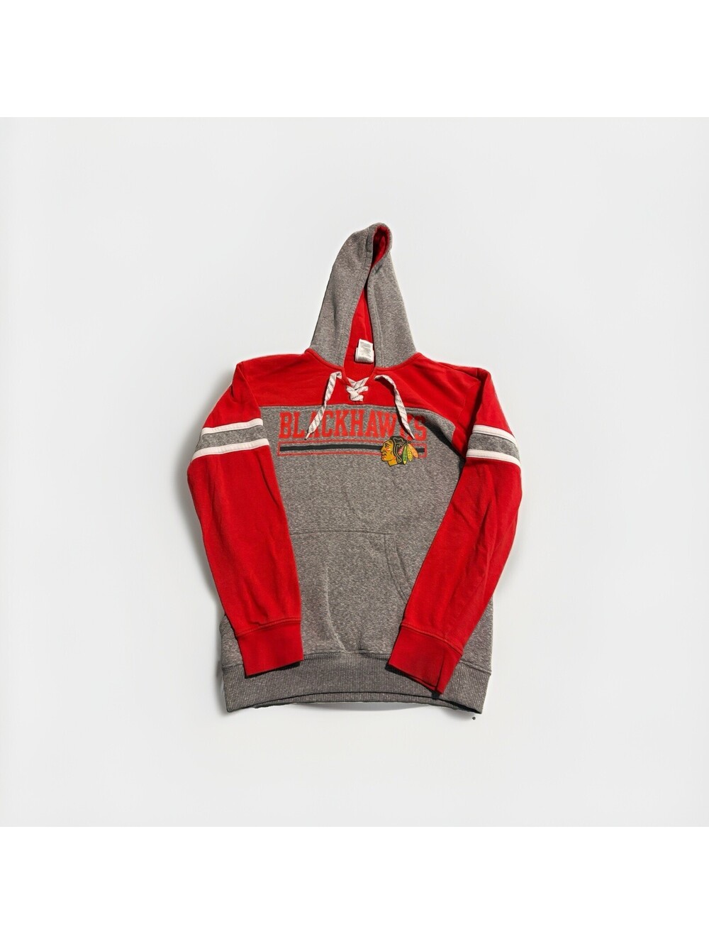 Chicago Blackhawks Hoodie Men Gray Red NHL Pullover Sweatshirt Small 34/36